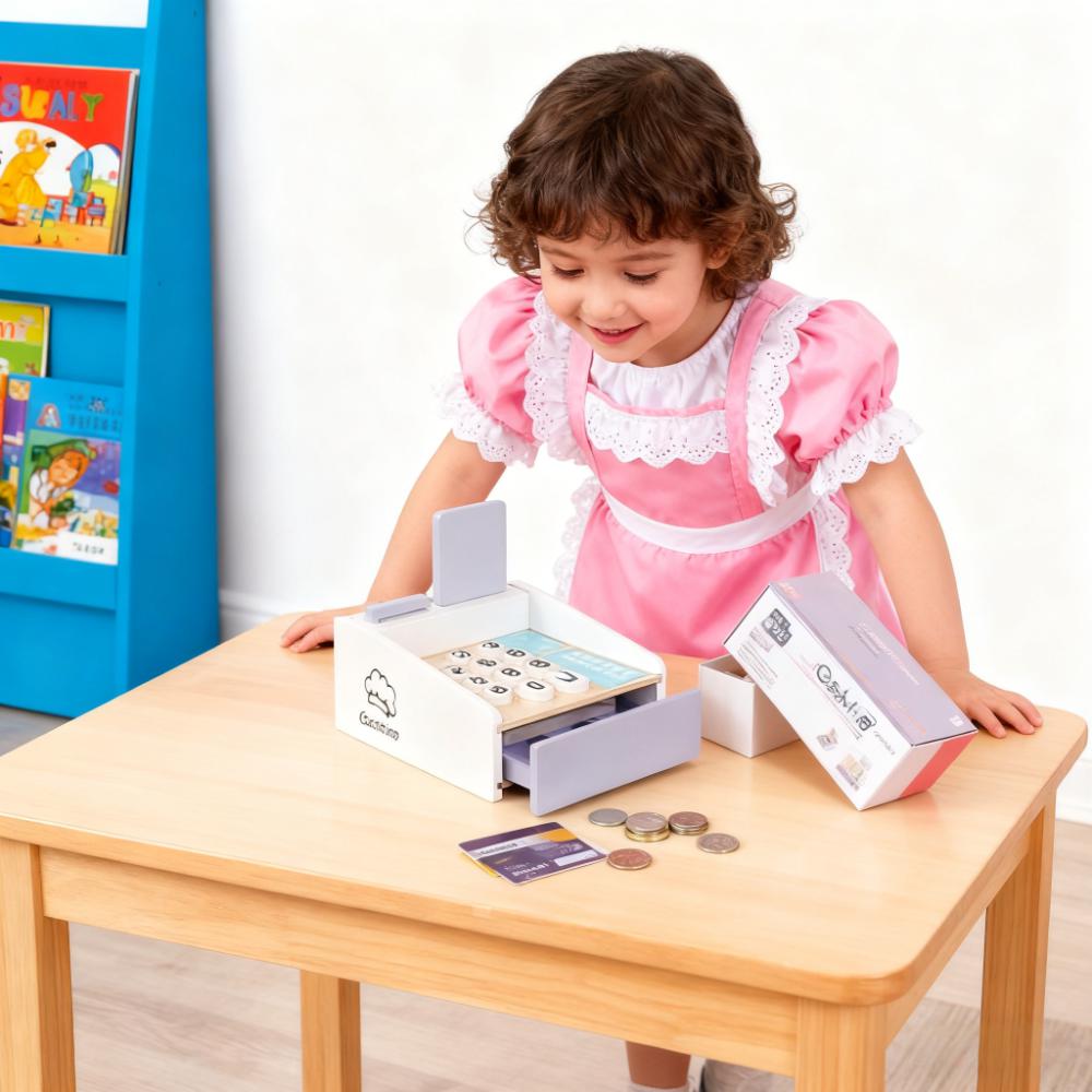 Toy Cash Register - 나무로 만든 어린이 계산대 놀이 세트,