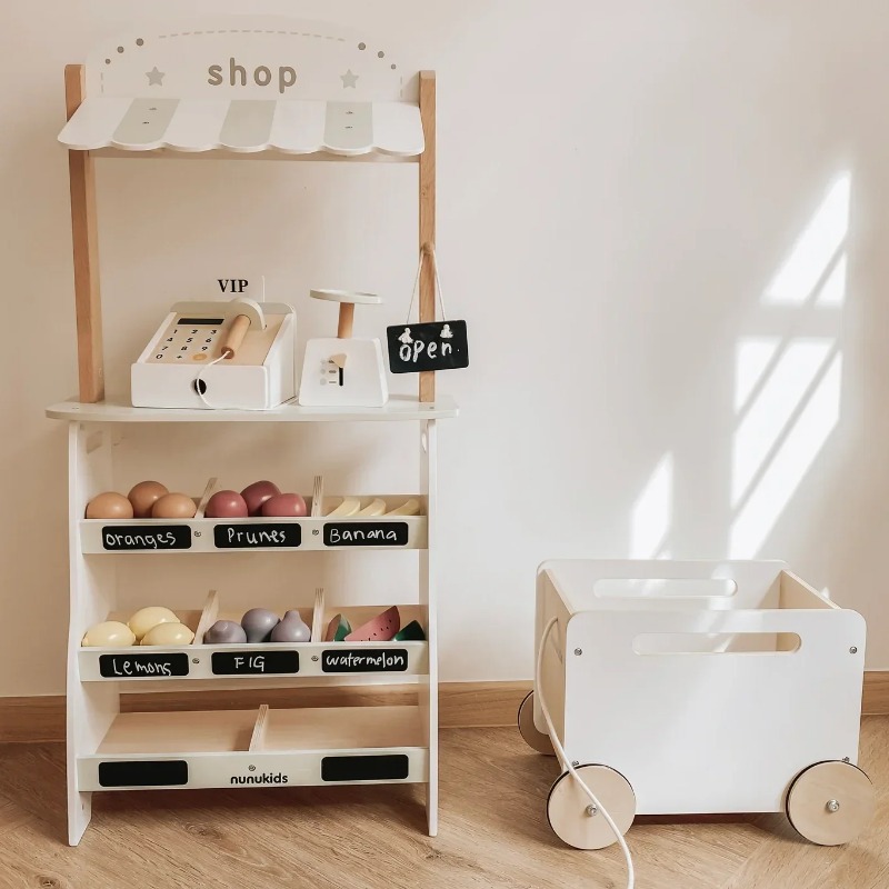 Toy Cash Register - 식료품 가게 놀이용 나무 장난감 과일